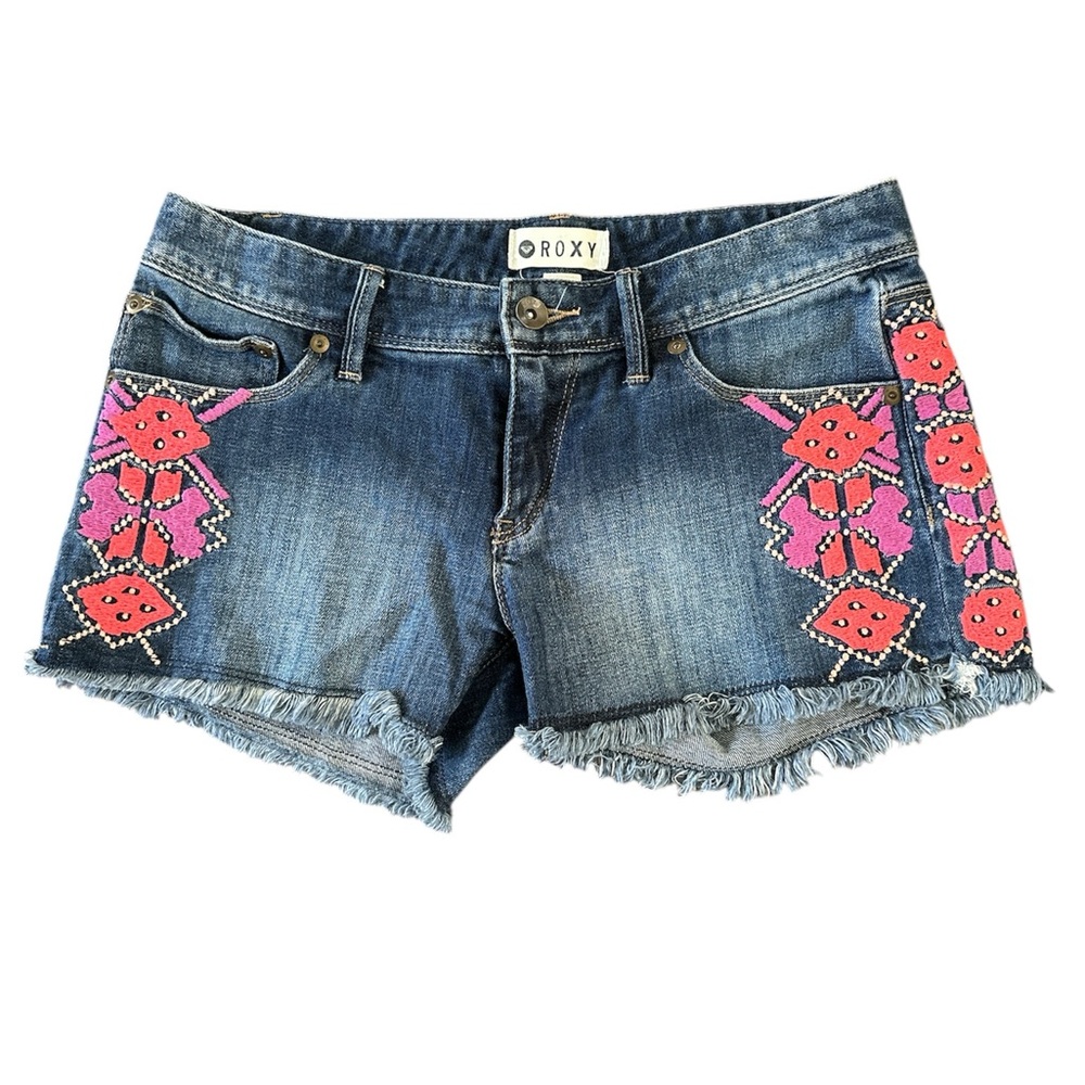 Roxy Blue Denim Jean Shorts with Pink Embroidered Accents